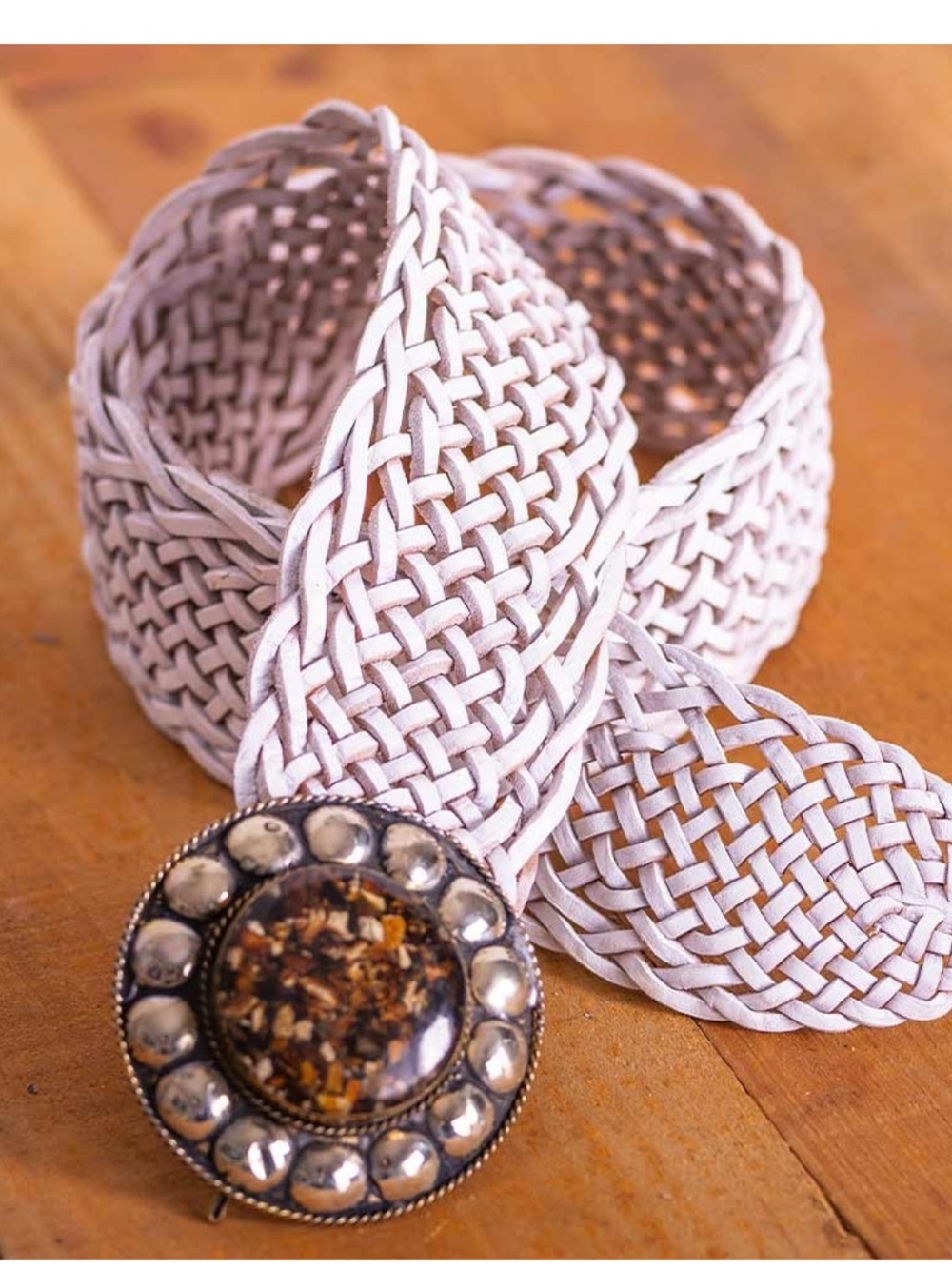 MADE IN ITALY Braided White Leather Belt with Amber-Style Round Concho